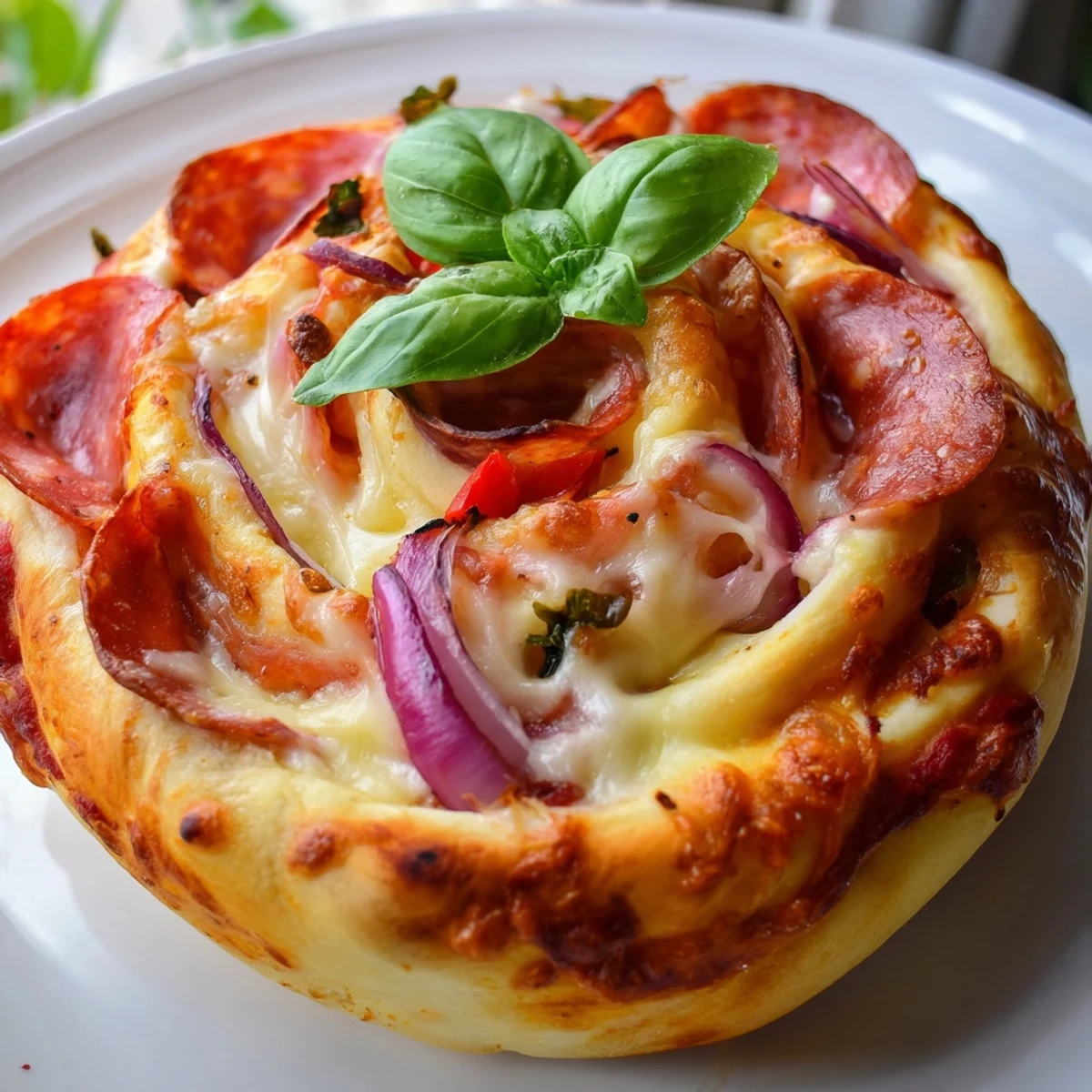 Golden brown easy pizza roses baked in muffin tin with bubbling mozzarella cheese and pepperoni