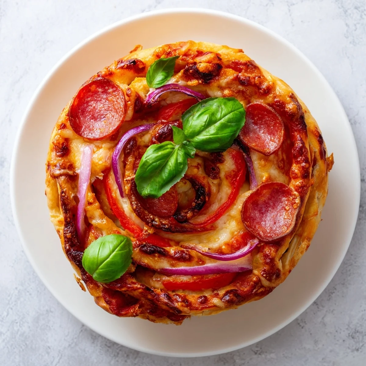Rolled pizza dough spirals stuffed with vegetables and melted cheese in easy pizza roses arrangement