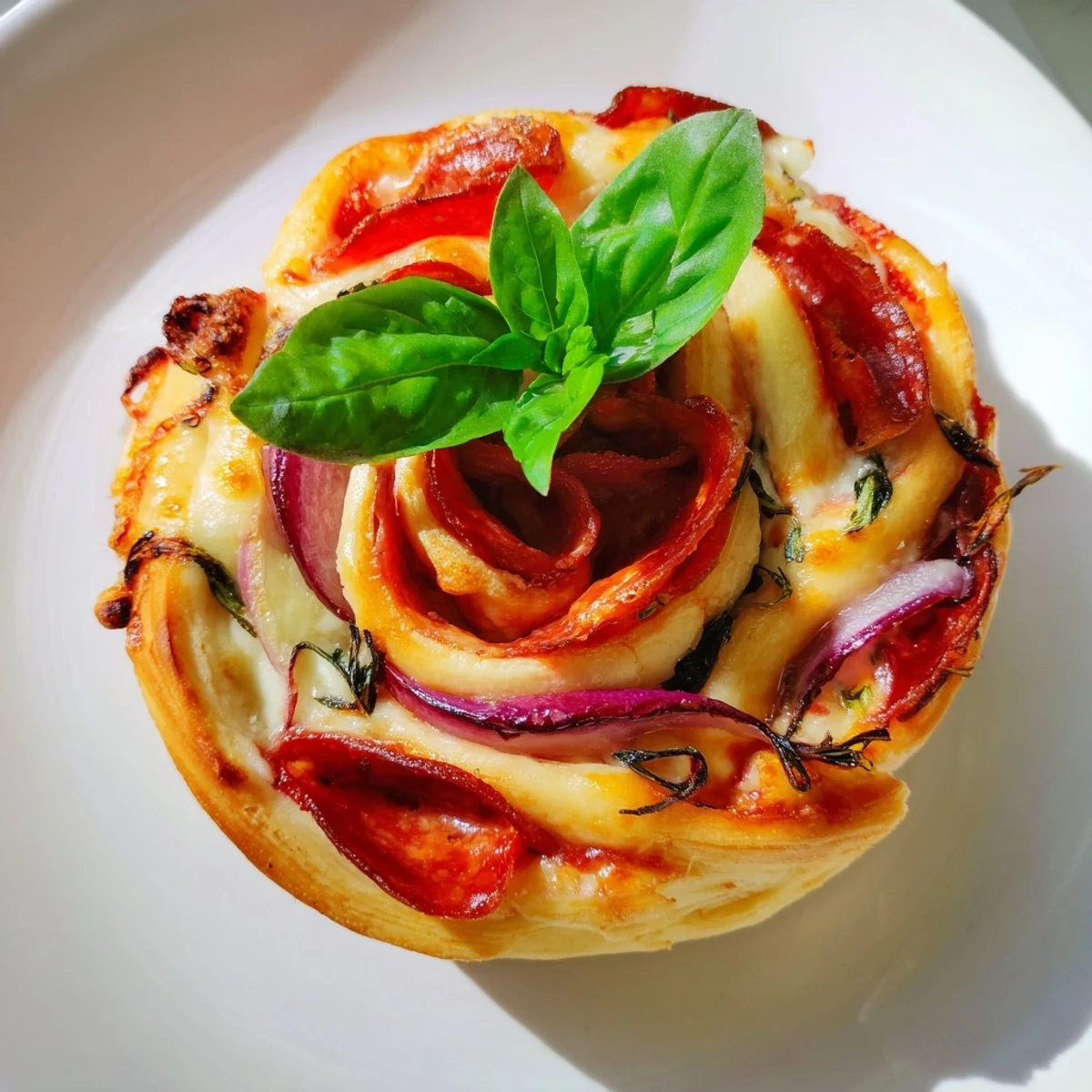 Flower-shaped easy pizza roses topped with fresh basil on serving plate with red onion and peppers
