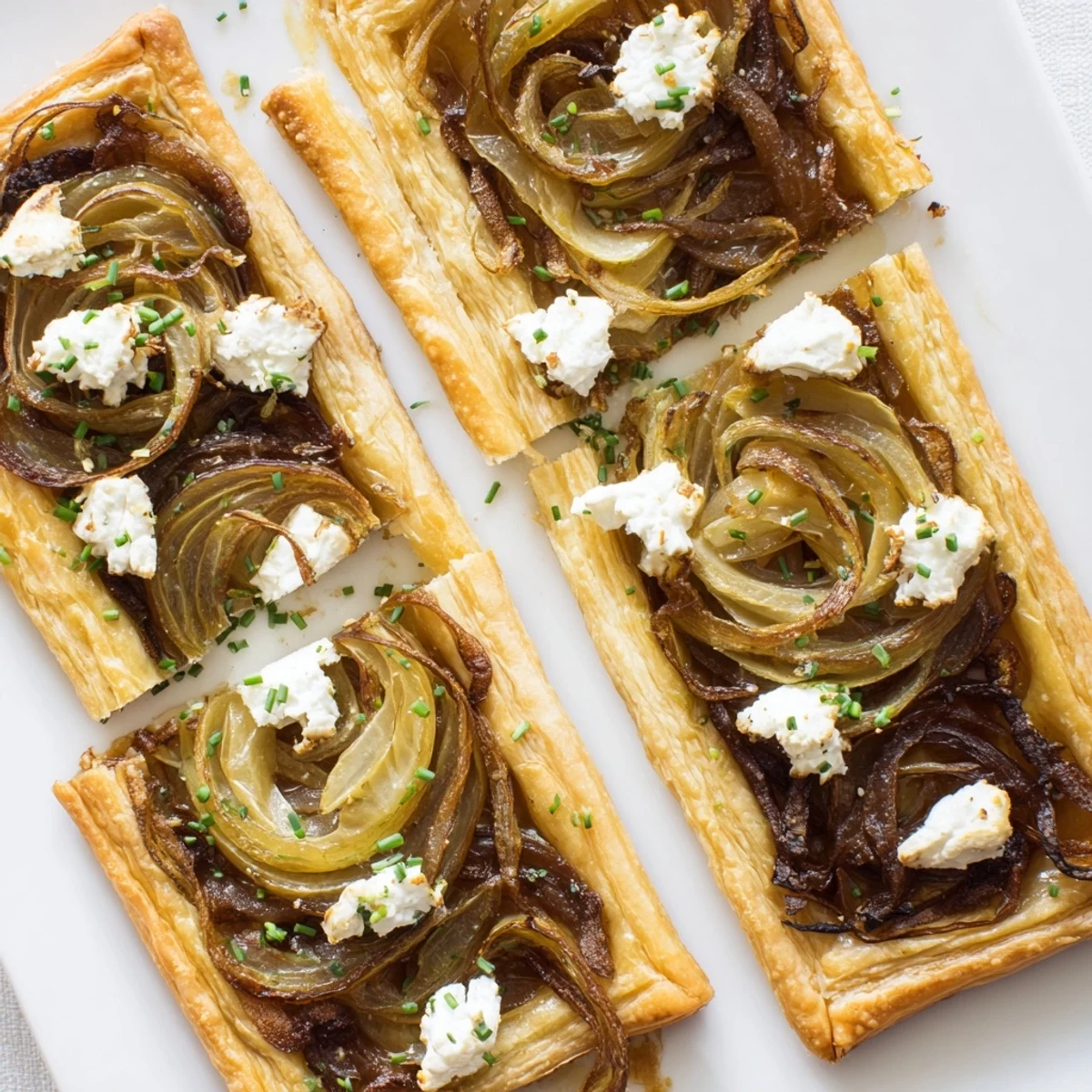 Golden brown caramelized onion and goat cheese tarts on a white serving plate
