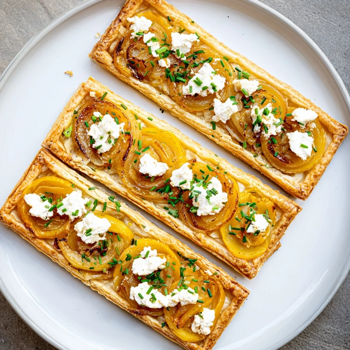 Flaky puff pastry tarts topped with sweet caramelized onions and creamy goat cheese