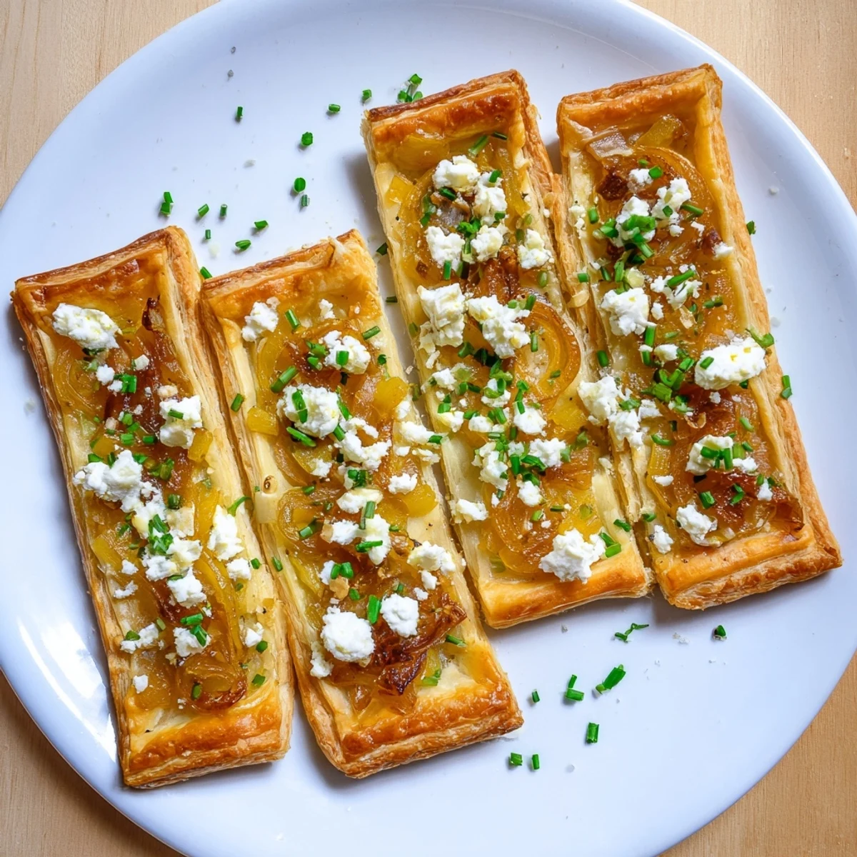 Baked caramelized onion and goat cheese tarts garnished with fresh green chives