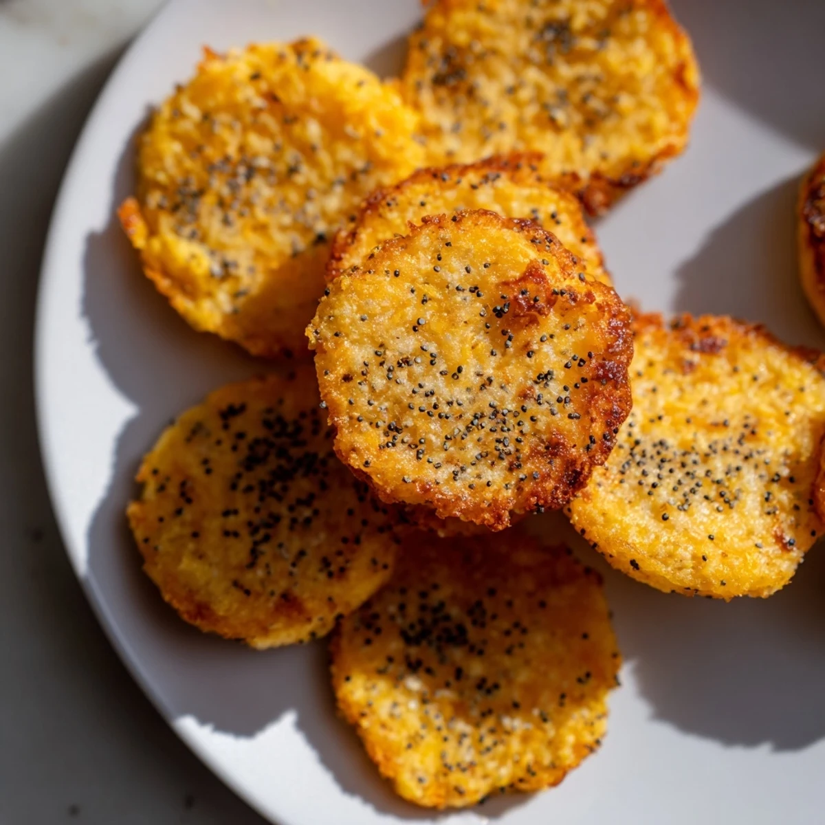 Golden baked cheddar cheese coins arranged on a white serving platter, garnished with poppy seeds