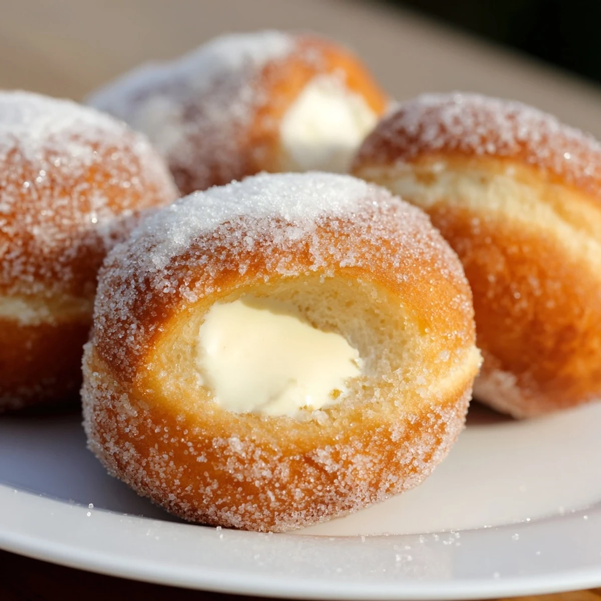 Golden fried Italian bomboloni alla crema dusted with sugar on a white plate