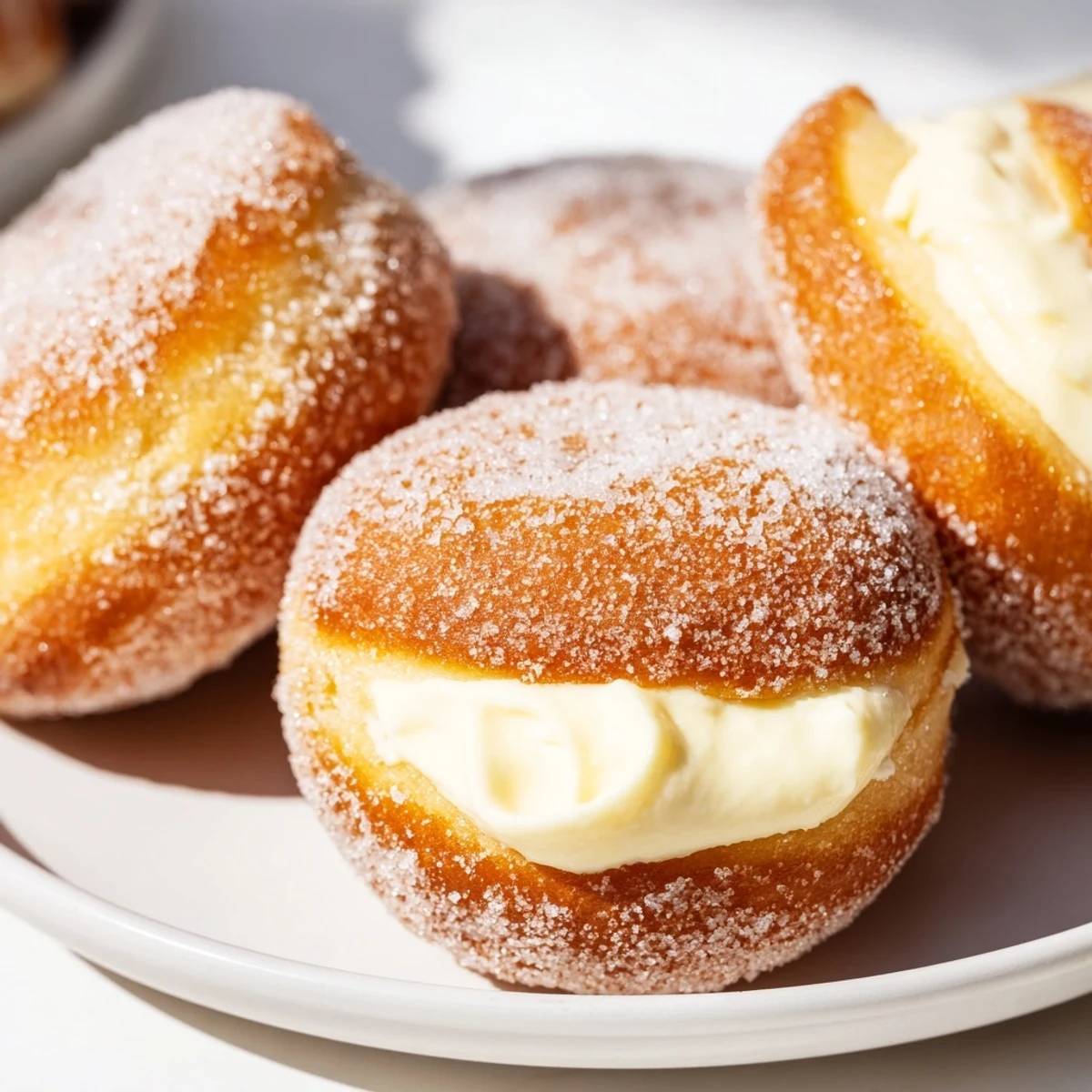 Stack of warm bomboloni alla crema drizzled with honey and fresh berries