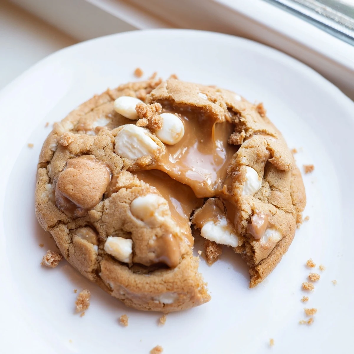 Golden stuffed Biscoff butter lava cookies with gooey centers and white chocolate chips