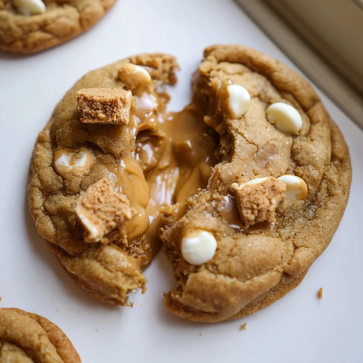 Freshly baked stuffed Biscoff butter lava cookies revealing their molten caramel centers