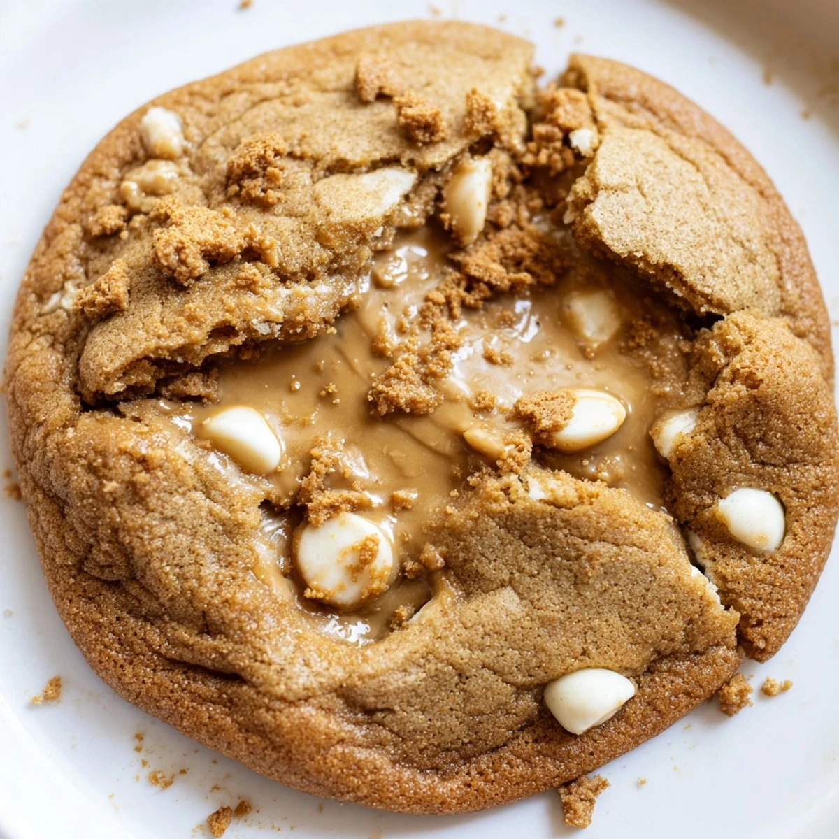Warm homemade Biscoff stuffed cookies oozing melted cookie butter on a white plate