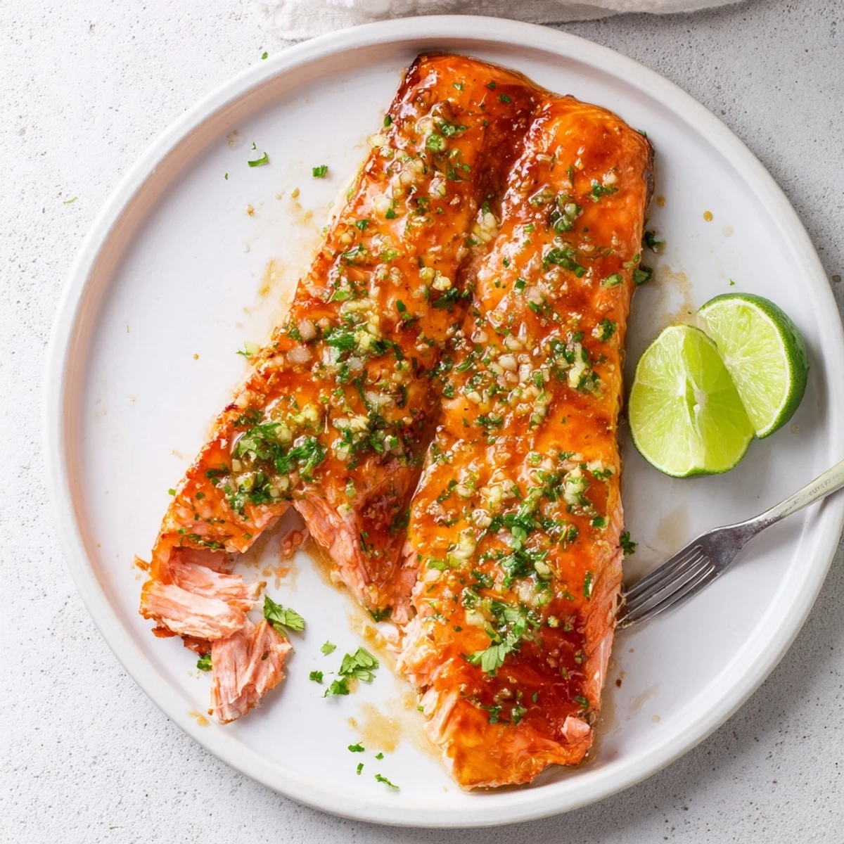 Golden brown honey lime garlic butter baked salmon fillet with fresh herb garnish on white plate