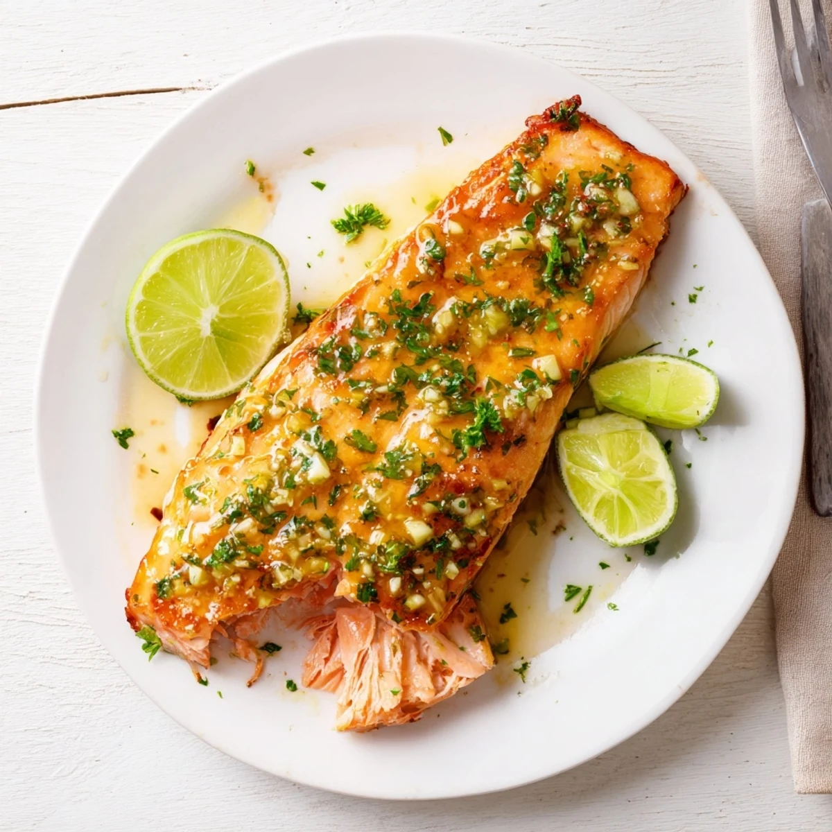 Flaky honey lime garlic butter baked salmon served with lime wedges and parsley on baking sheet