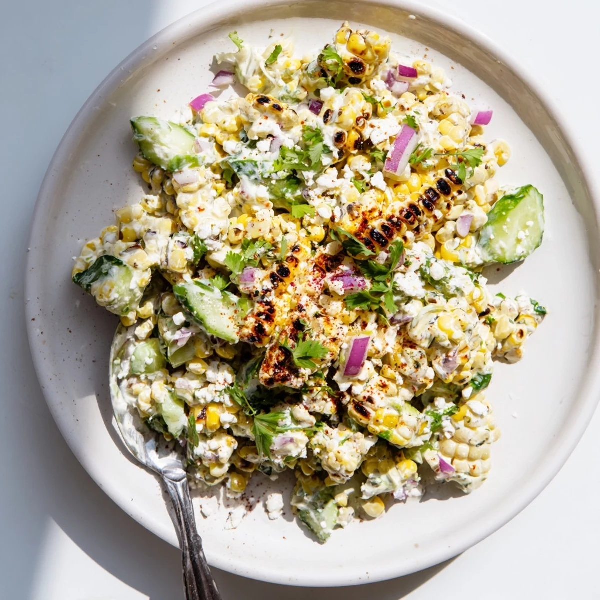 Vibrant street corn salad featuring sweet grilled corn crunchy cucumbers and zesty Mexican spices