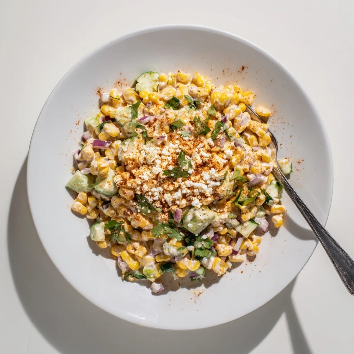 Golden charred corn and crisp cucumbers tossed in creamy cotija lime dressing with fresh cilantro