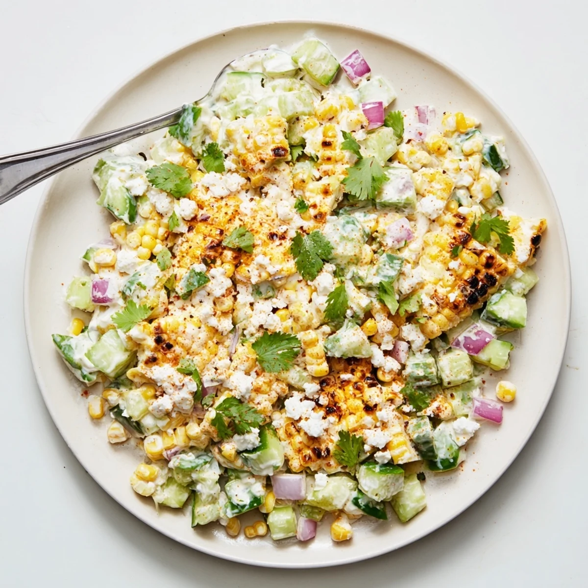 Creamy cucumber corn salad bowl topped with crumbled cheese and smoky paprika lime dressing