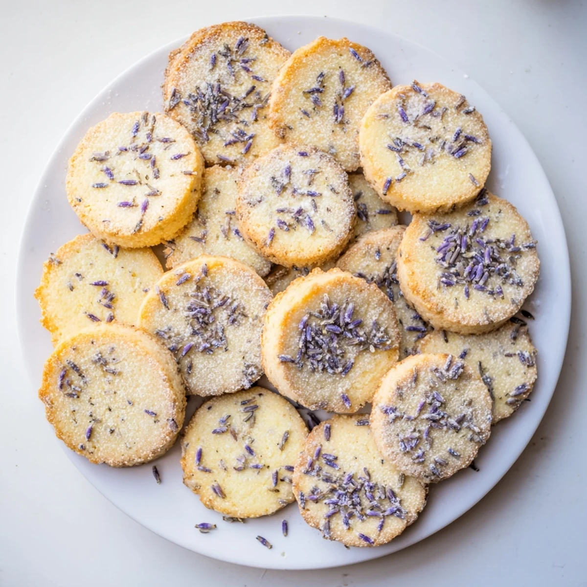 Buttery lemon lavender cookies stacked elegantly on a rustic wooden serving board