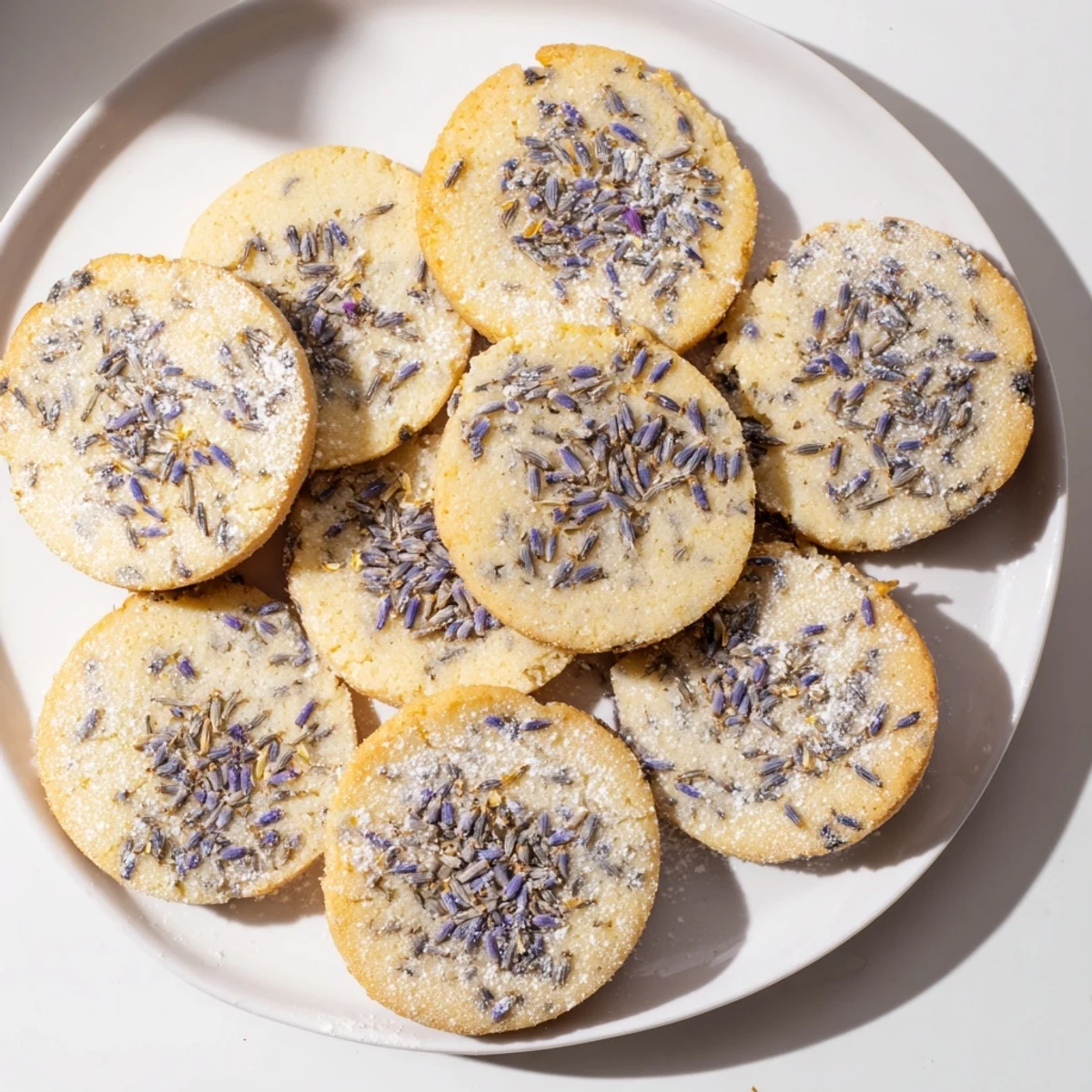 Soft baked lemon lavender cookies with visible purple buds and bright lemon zest