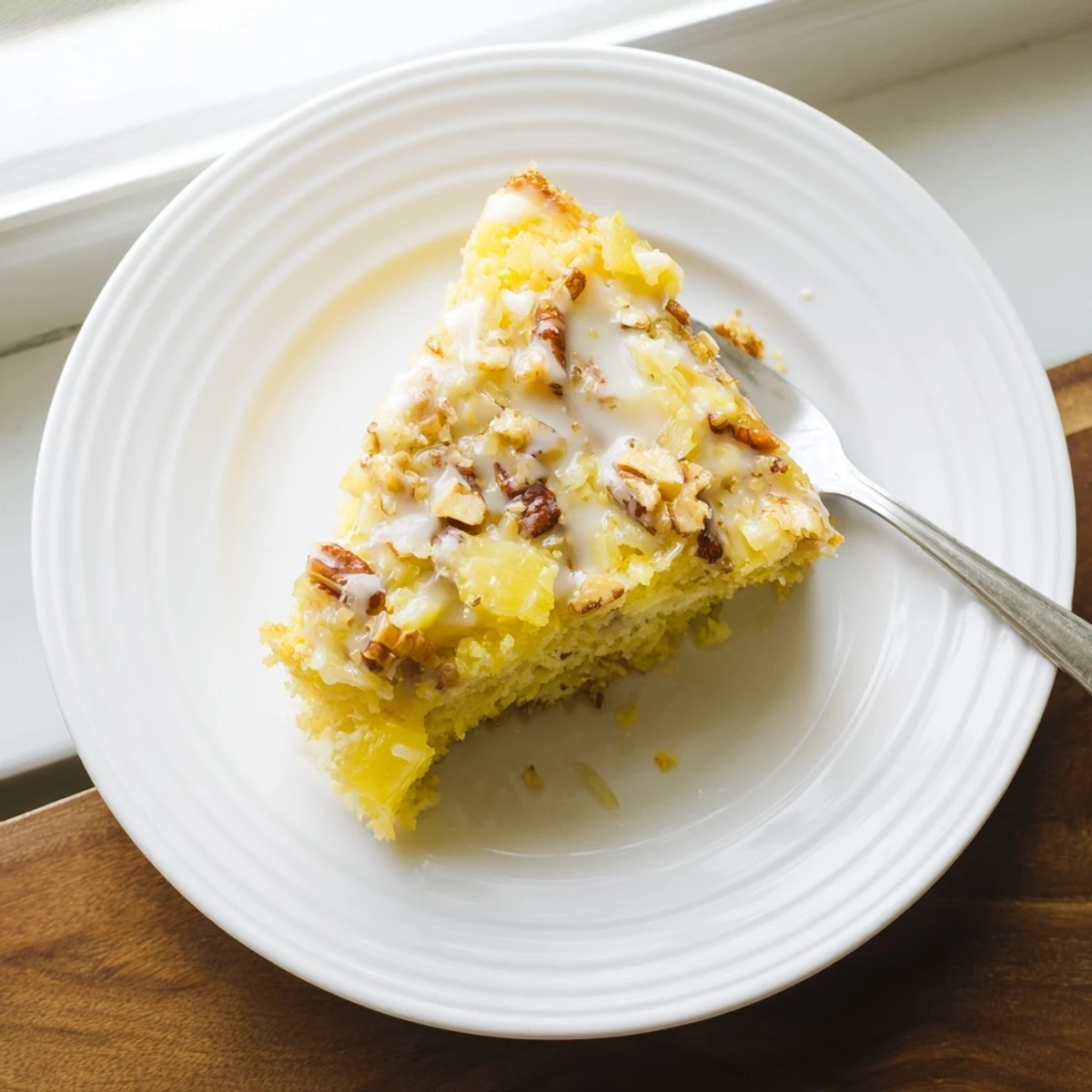 Golden Texas Tornado Cake topped with creamy butter sauce and toasted pecans