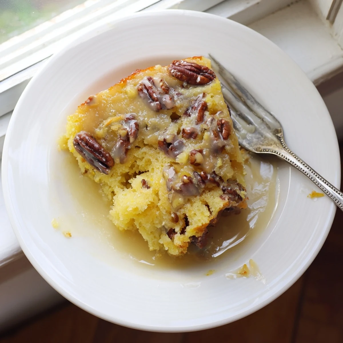 Sliced Texas Tornado Cake drizzled with rich vanilla butter sauce on serving plate