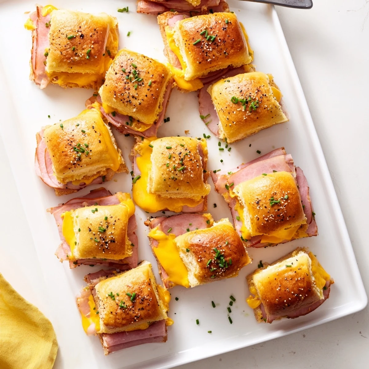 Golden grilled sweet savory mini grilled cheese Hawaiian rolls with melted cheddar oozing from buttery toasted bread