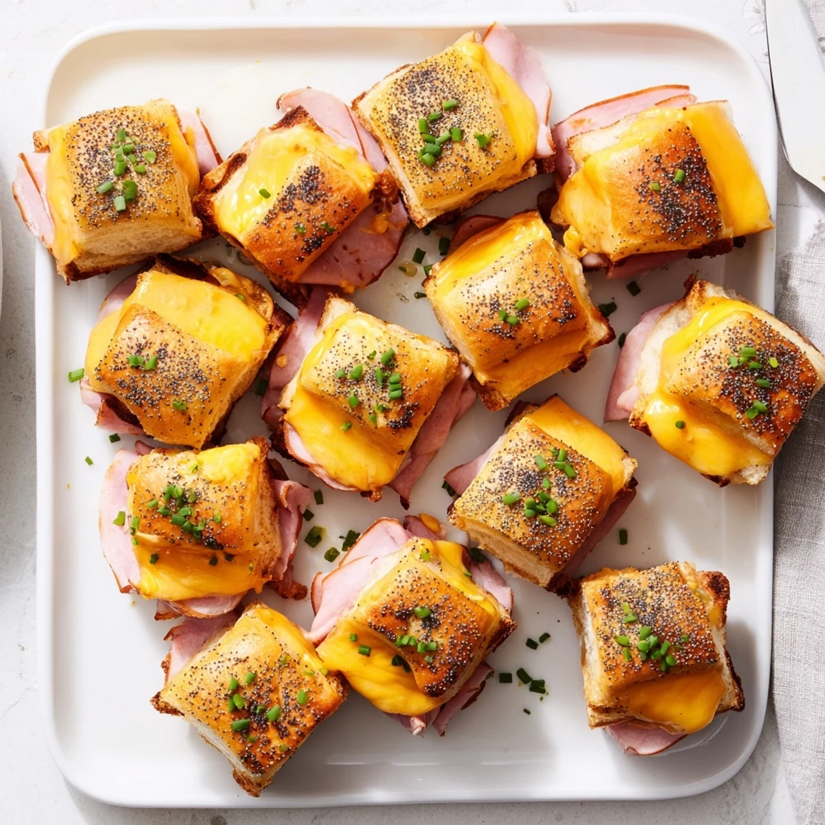 Mini Hawaiian roll sliders stacked high featuring grilled cheese and honey mustard brushed golden crispy tops