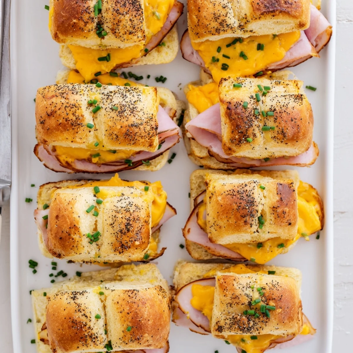 Close up of sweet savory mini grilled cheese Hawaiian rolls appetizer with poppy seeds on warm surface