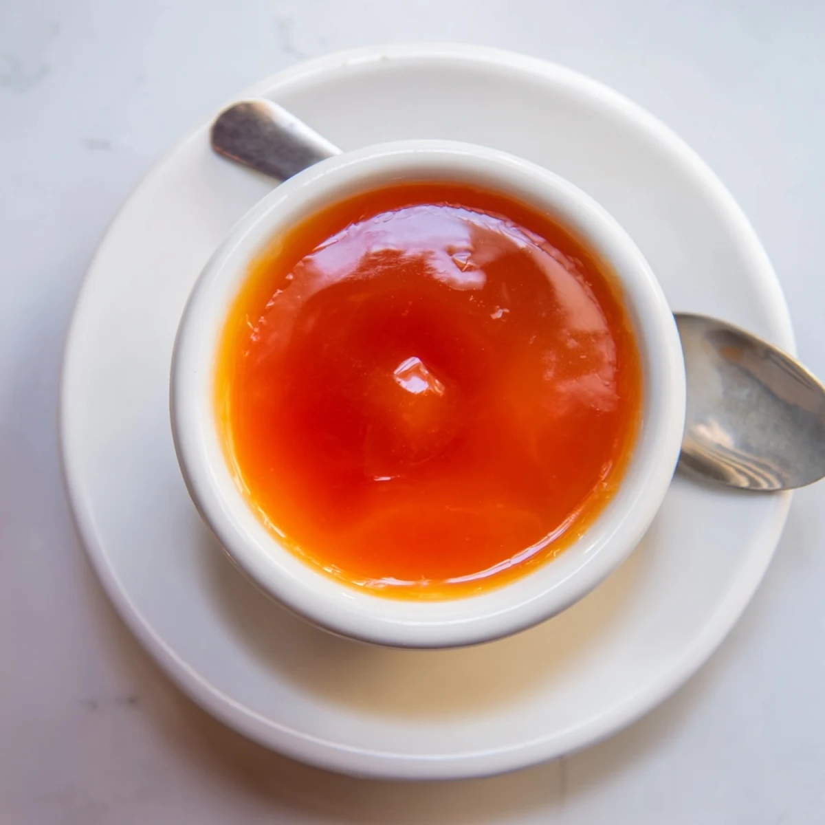 Thick glossy McDonalds sweet and sour sauce being drizzled from a metal whisk onto plate