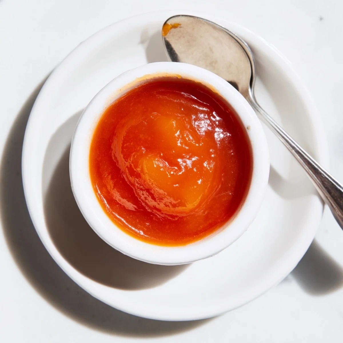 Creamy orange McDonalds sweet and sour sauce displayed in small glass bowl with fresh herbs