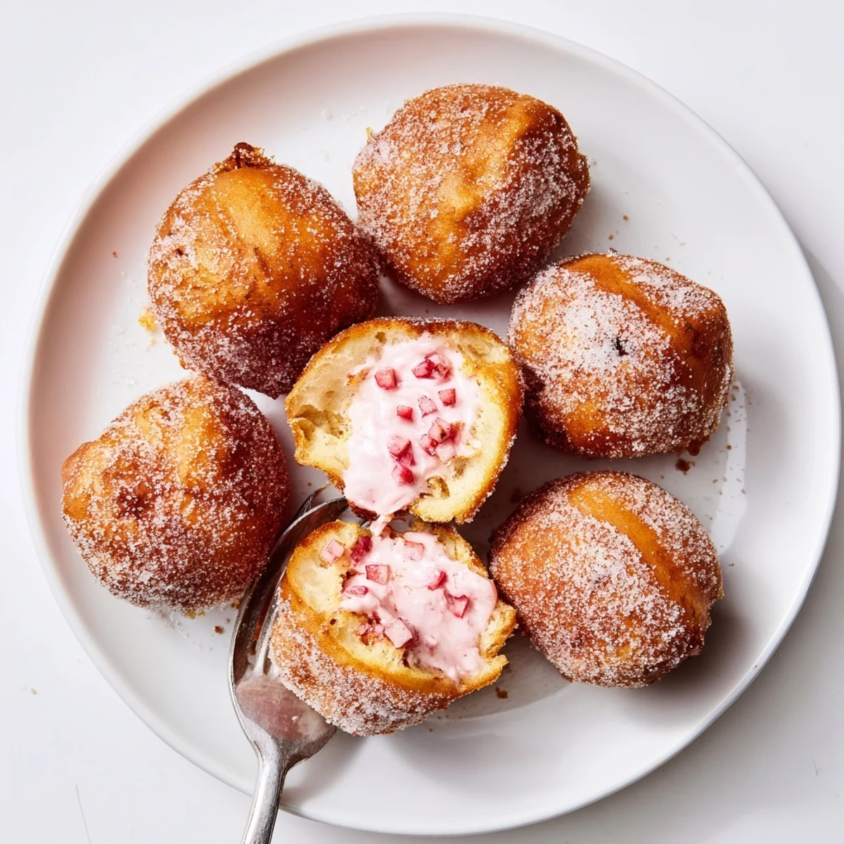Fresh strawberry cream filled doughnuts with pink visible filling drizzled on white ceramic serving dish