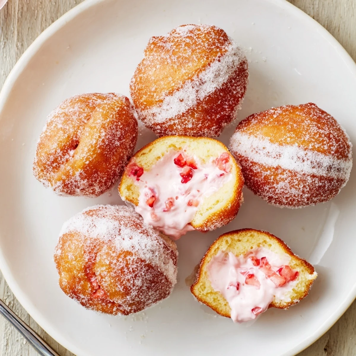 Golden fried strawberry cream filled doughnuts coated in sparkling white sugar on a white plate