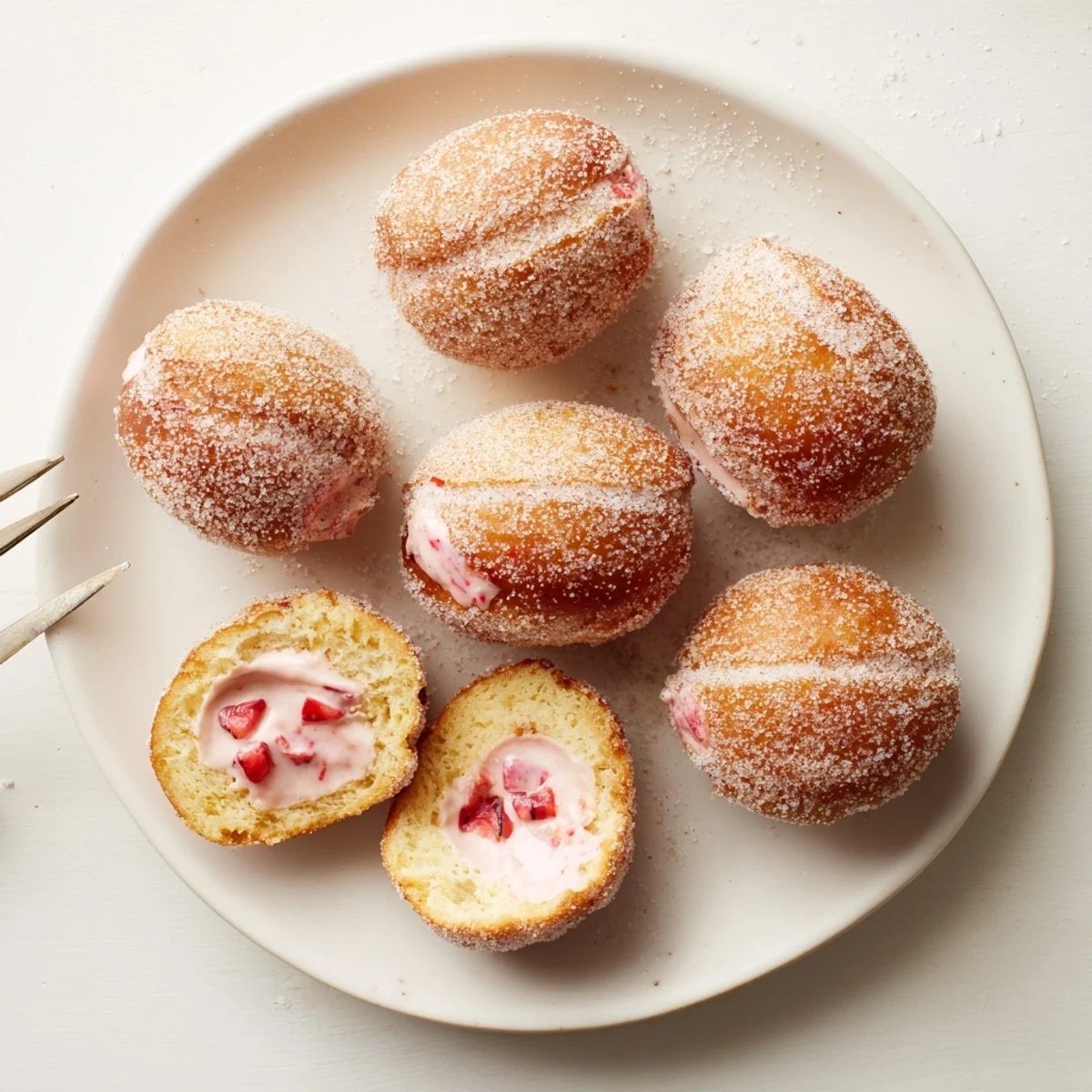 Handheld shot of strawberry cream filled doughnut being bitten revealing luscious pink strawberry cream center