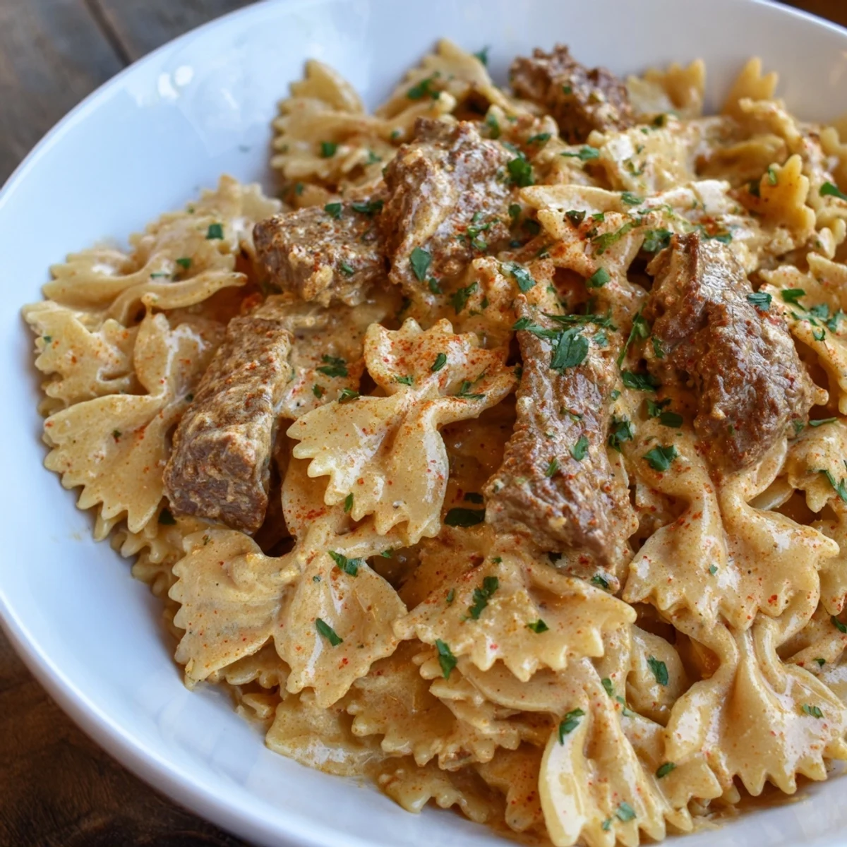 Creamy Cajun Alfredo bowtie pasta topped with seasoned spice-rubbed beef slices and parsley