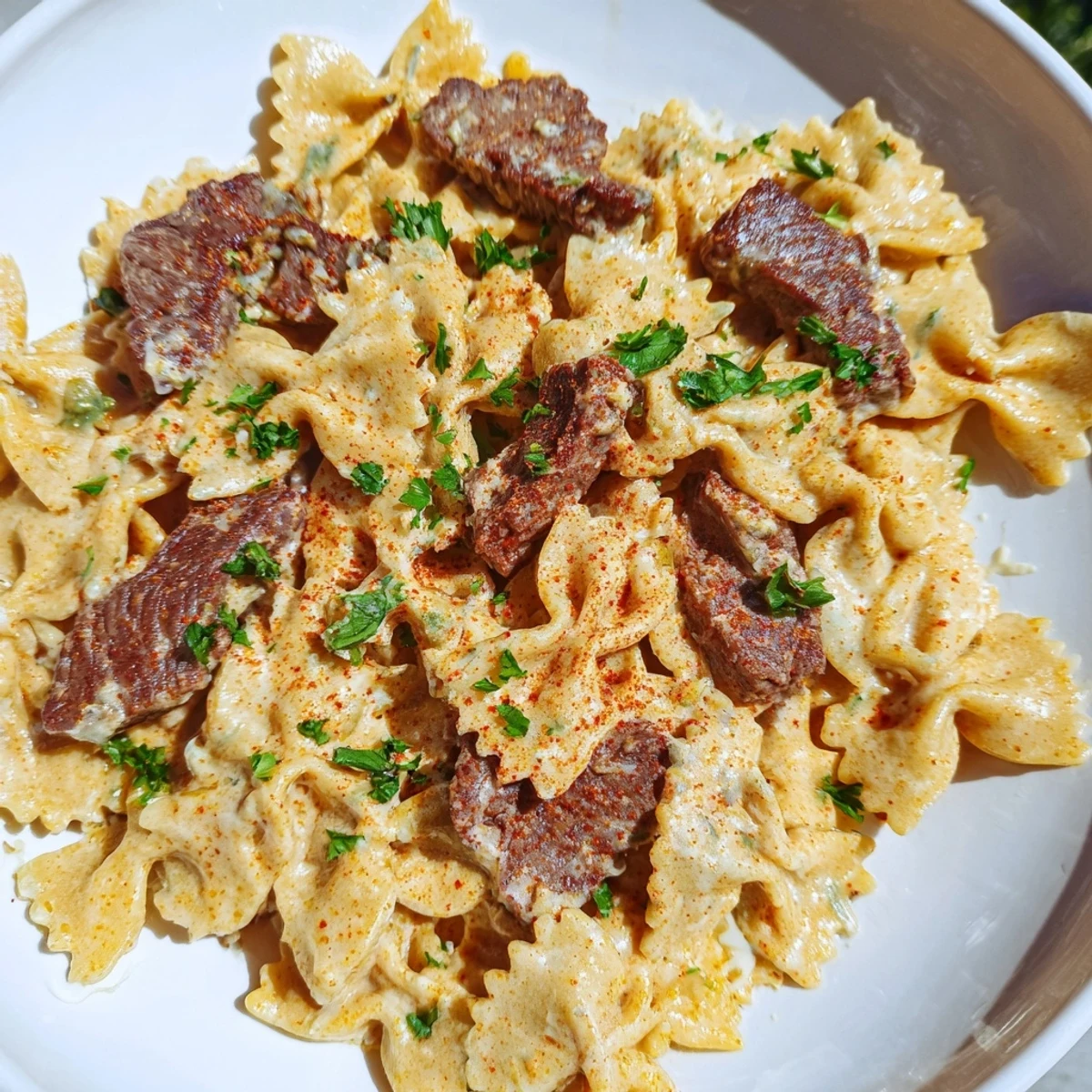 Plate of zesty Cajun cream cheese Alfredo pasta with savory spiced beef on top