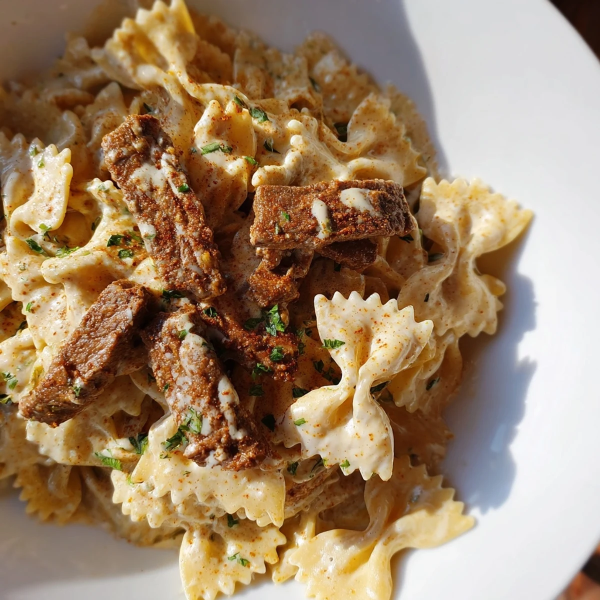 Bowl of tender bowtie pasta tossed in spicy Cajun Alfredo sauce with seasoned beef