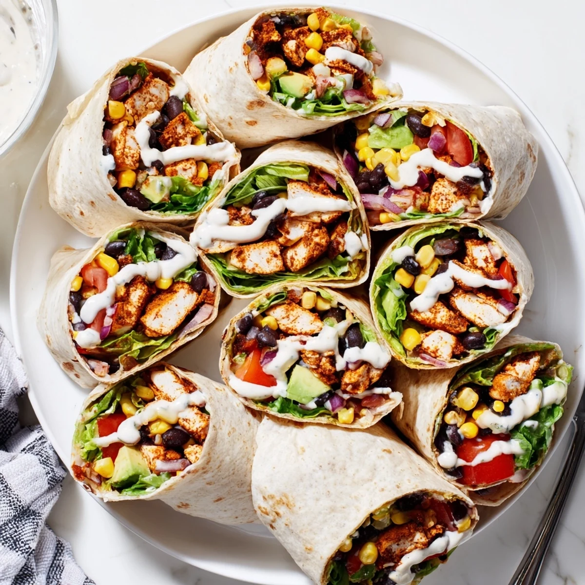 Golden southwest chicken wraps filled with seasoned chicken, colorful veggies, and creamy drizzle