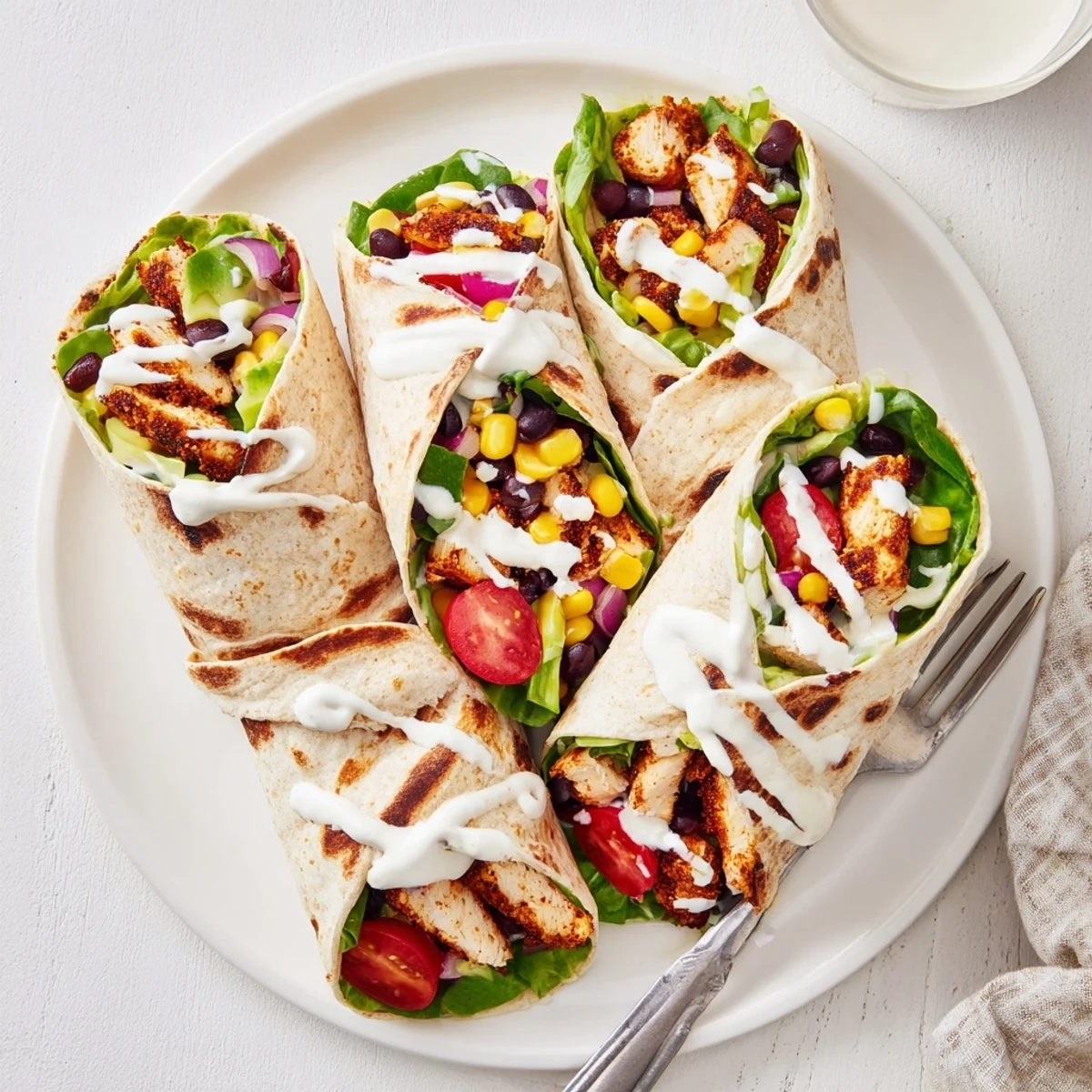 Spiced southwest chicken wraps sliced in half revealing vibrant layers and creamy southwest sauce