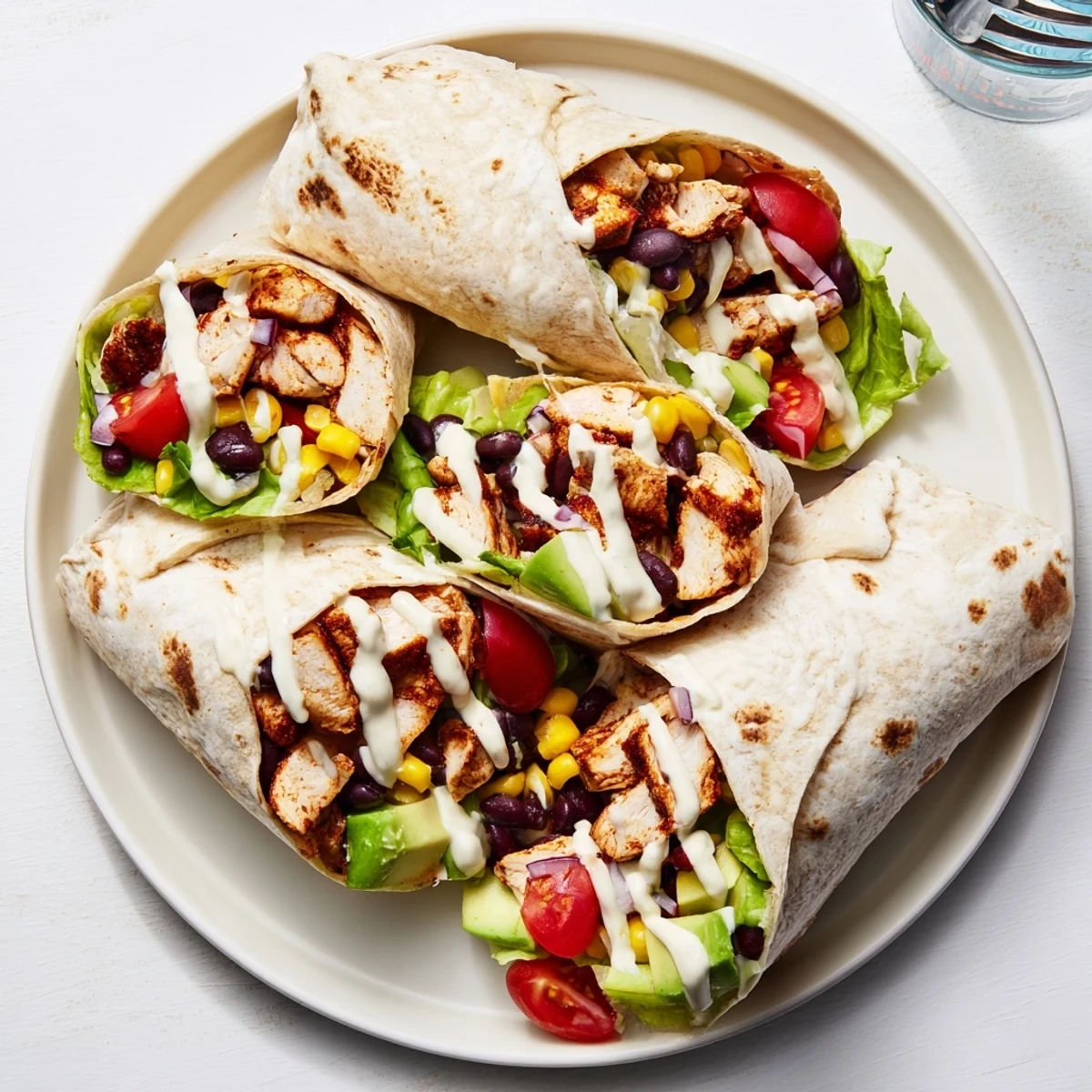 Freshly rolled southwest chicken wraps showcasing lettuce, tomatoes, beans, and zesty sauce