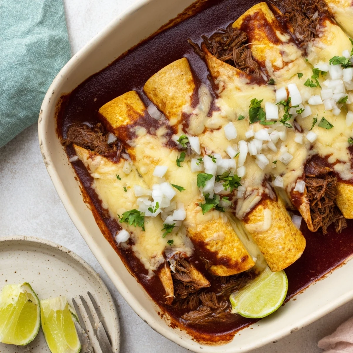 Golden birria enchiladas topped with melted Oaxaca cheese, fresh cilantro, and diced white onion