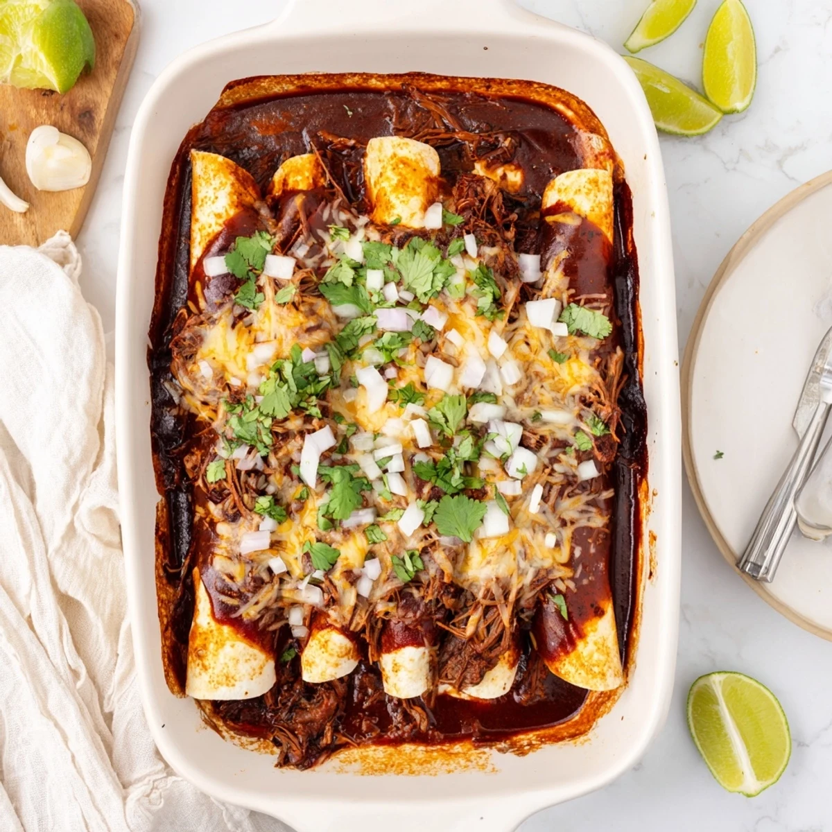 Steaming plate of birria enchiladas garnished with cilantro and served with lime wedges