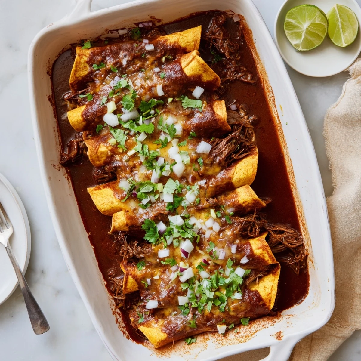 Tender shredded beef birria enchiladas baking in rich consommé with bubbly cheese topping