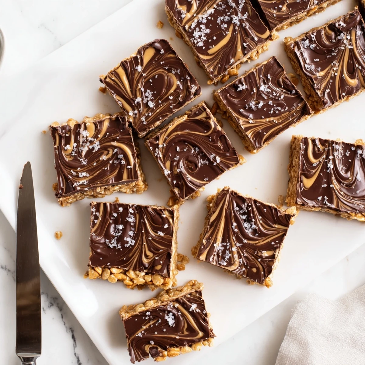 Homemade honey Chex chocolate peanut butter bars cut into bite-sized squares with glossy chocolate drizzle