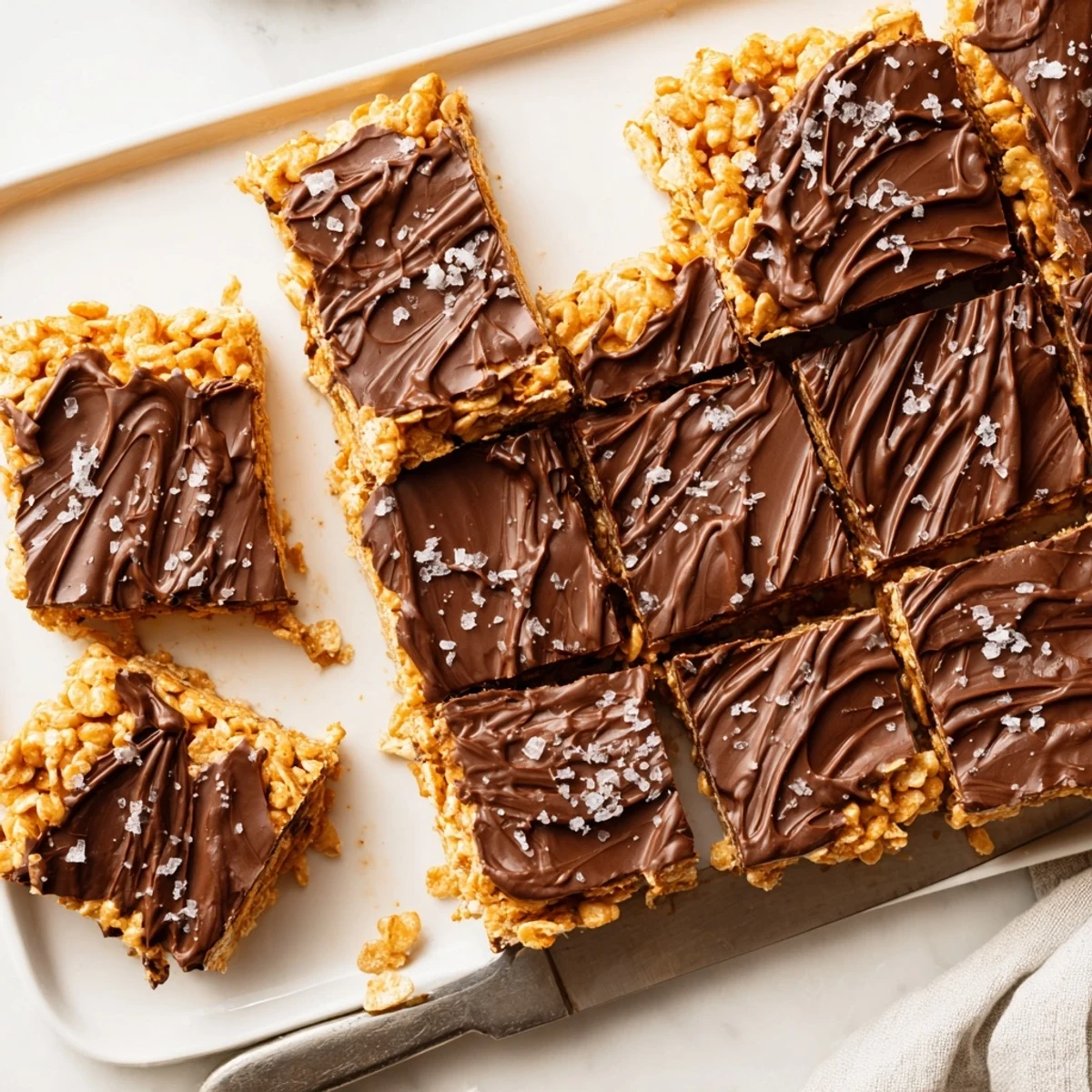 Square no-bake chocolate peanut butter Chex bars arranged on a white serving plate for easy sharing
