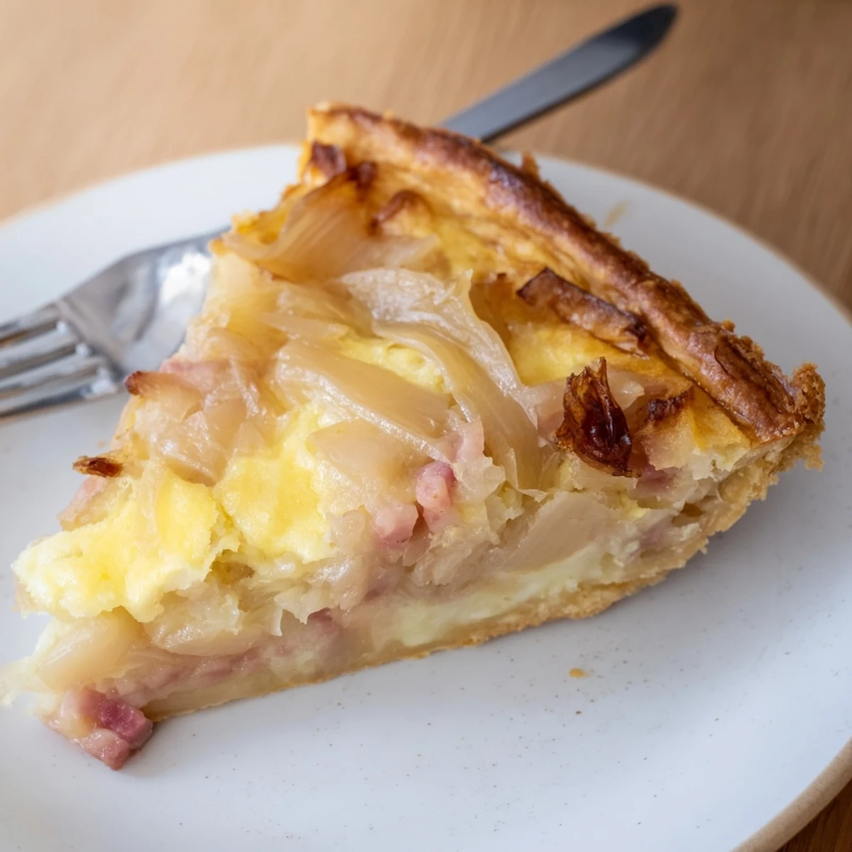 Golden brown German onion pie with caramelized onions and crispy bacon on a flaky pastry crust