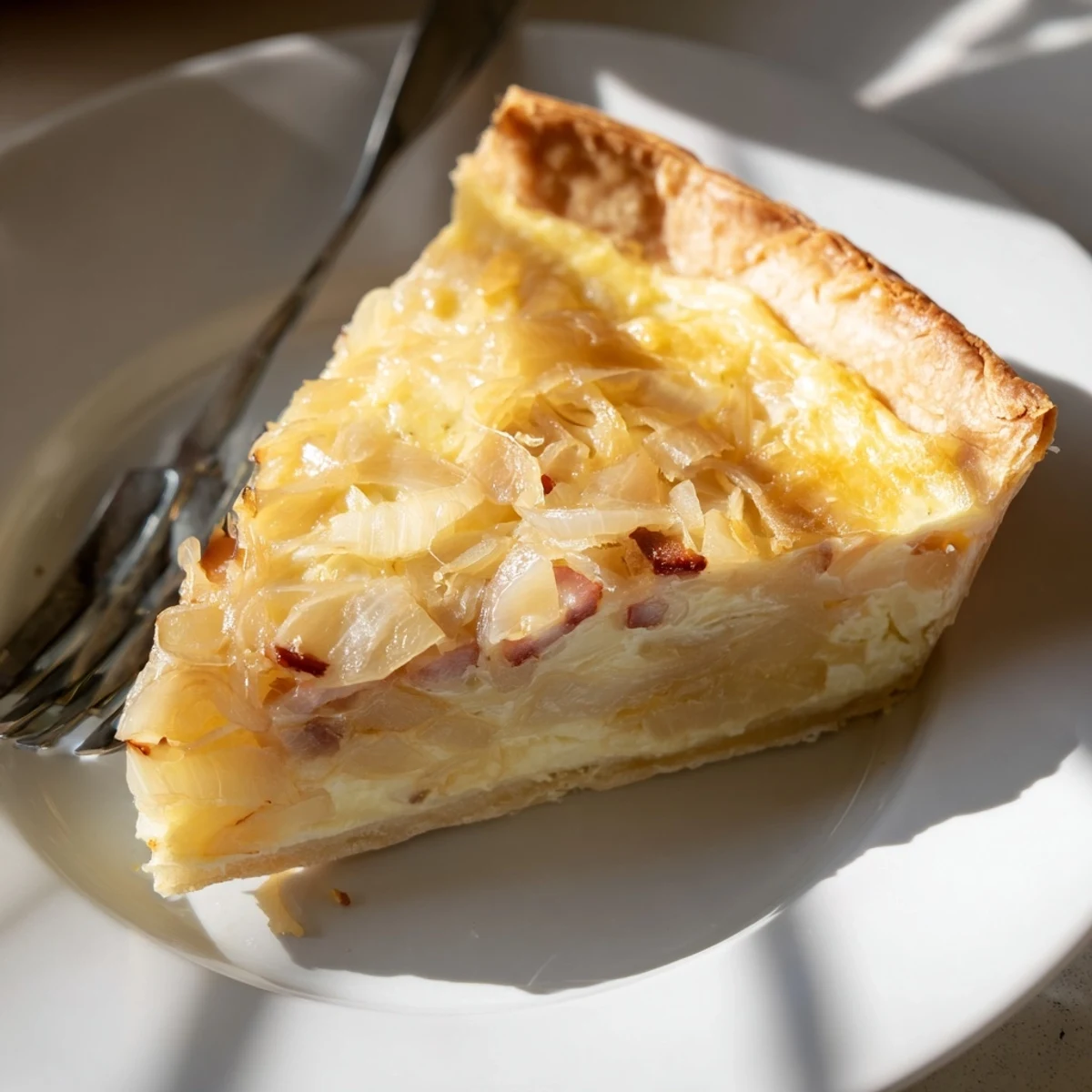 Savory German onion pie slices featuring creamy custard filling topped with melted cheese and fresh herbs