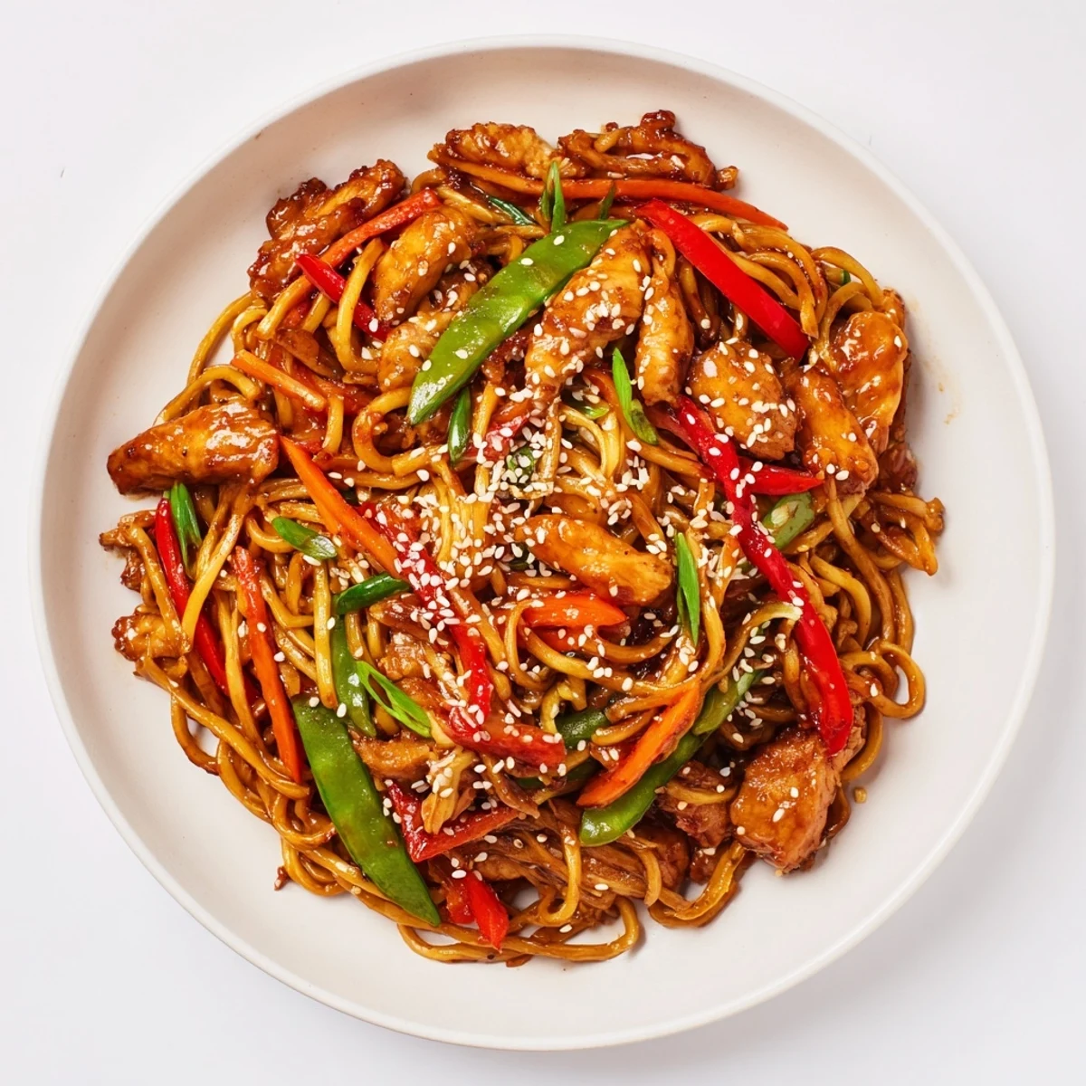 Golden chicken tangled with chewy noodles and colorful vegetables in glossy garlic sauce