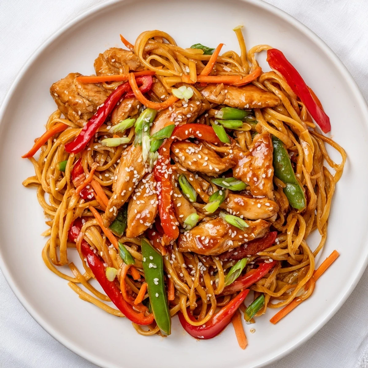Plate of sticky garlic chicken noodles garnished with fresh scallions and crunchy sesame seeds