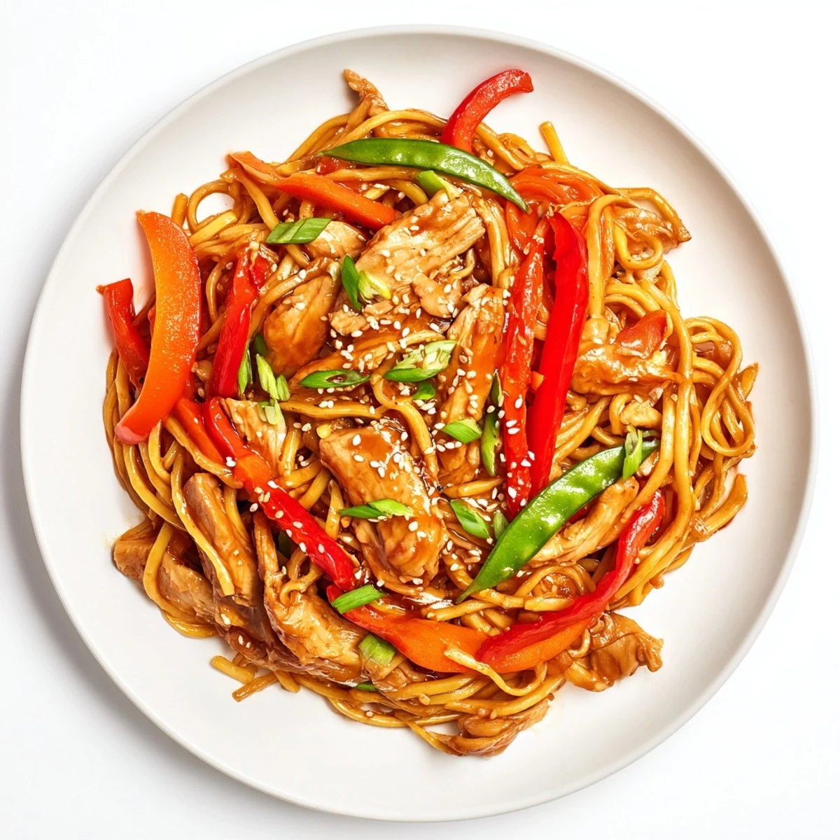 Close-up of tender chicken pieces coated in sweet-salty garlic glaze over steaming noodles