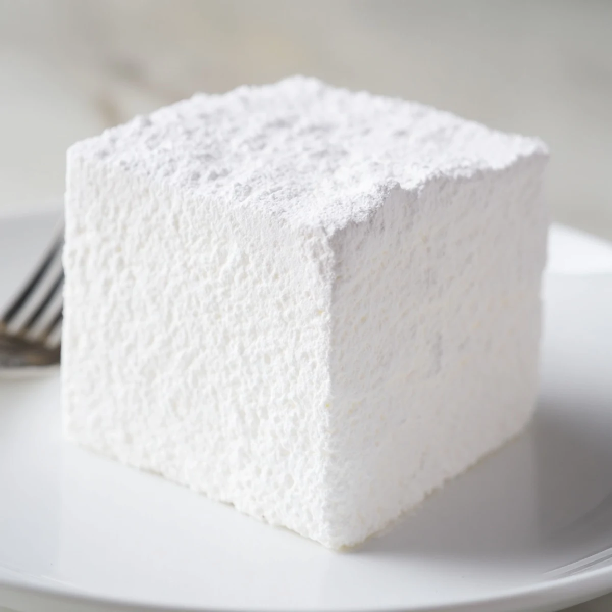 Soft fluffy homemade marshmallows dusted with powdered sugar and cut into white squares
