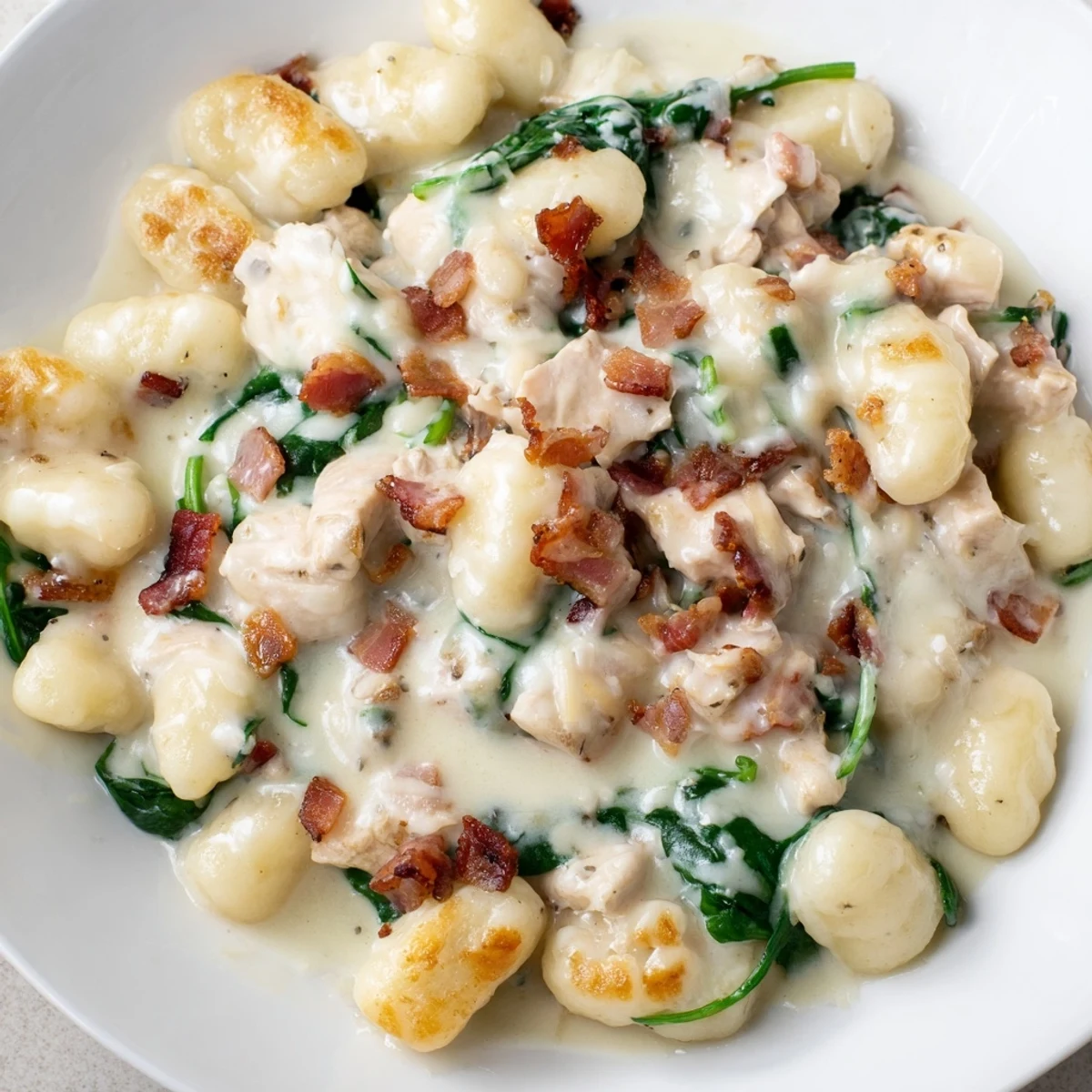 Bubbling skillet of cheesy chicken gnocchi with spinach, ranch flavors, and golden melted mozzarella
