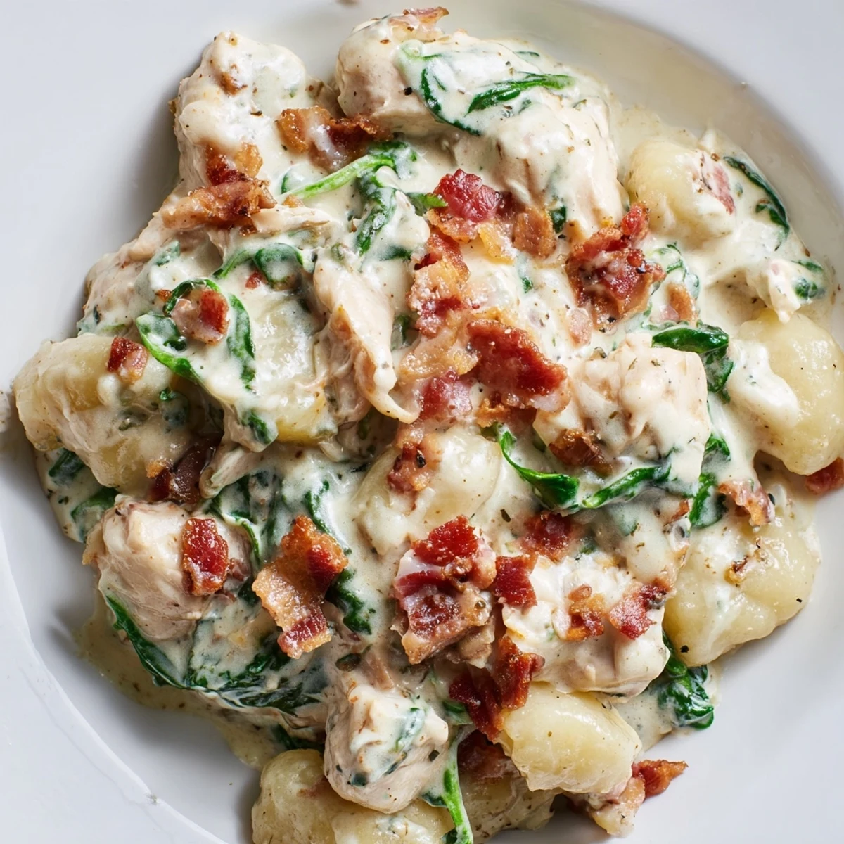 Creamy crack chicken gnocchi in a white sauce topped with crispy bacon and fresh chives