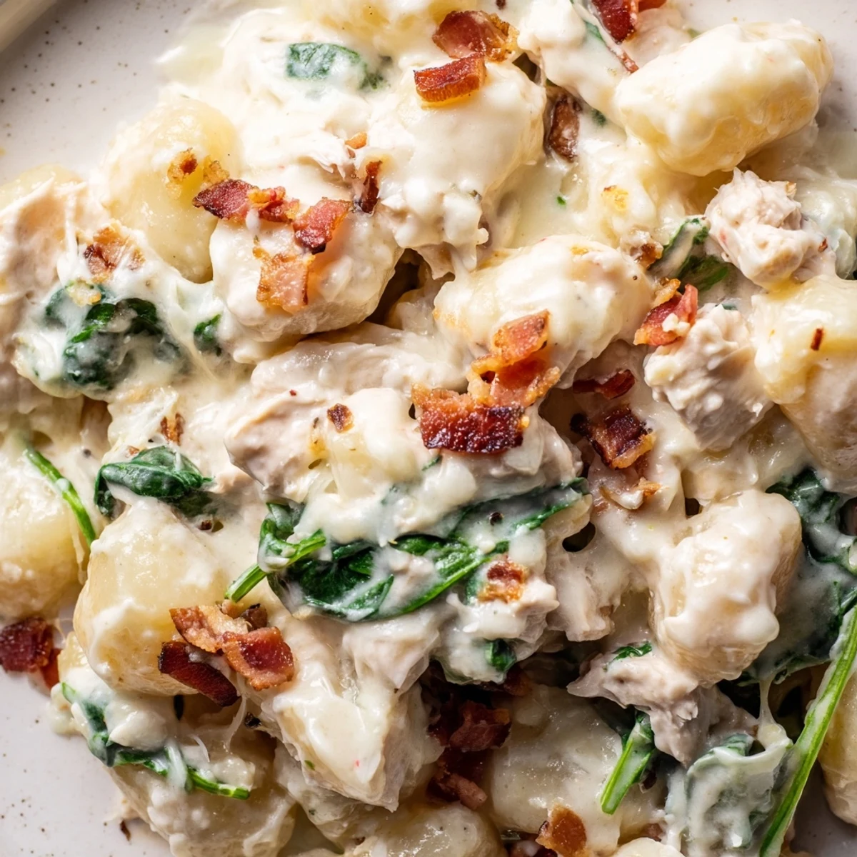Spoonful of tender potato gnocchi with chicken, bacon, and rich cream cheese sauce