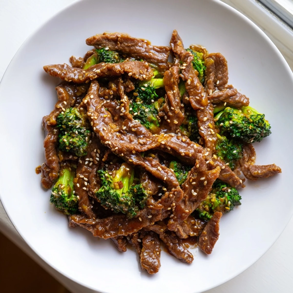 Savory slow-cooked beef and broccoli served over fluffy white rice with toasted sesame seed garnish